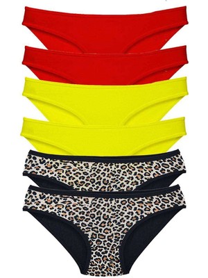 Moda Şahsenem 6 Adet Likralı Kadın Slip Külot Leopar Kırmızı Sarı