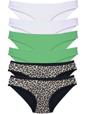 Moda Şahsenem 6 Adet Likralı Kadın Slip Külot Leopar Beyaz Yeşil