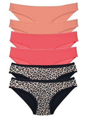 Moda Şahsenem 6 Adet Likralı Kadın Slip Külot Leopar Pudra Fuşya