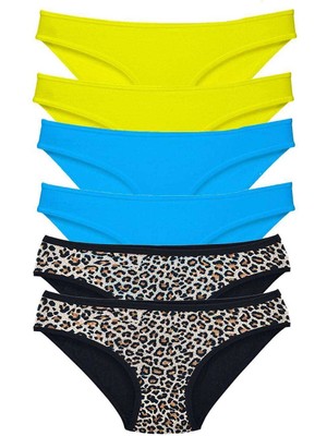 Moda Şahsenem 6 Adet Likralı Kadın Slip Külot Leopar Sarı Mavi