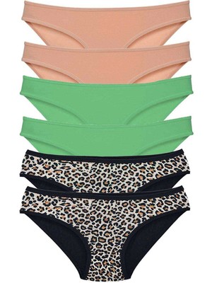 Moda Şahsenem 6 Adet Likralı Kadın Slip Külot Leopar Ten Yeşil