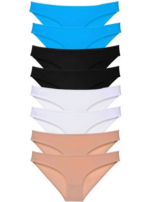 Moda Şahsenem 8 Adet Süper Eko Set Likralı Kadın Slip Külot Siyah Ten Beyaz Mavi
