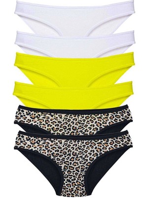 Moda Şahsenem 6 Adet Likralı Kadın Slip Külot Leopar Beyaz Sarı