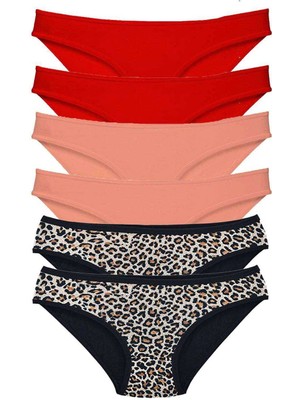Moda Şahsenem 6 Adet Likralı Kadın Slip Külot Leopar Kırmızı Pudra