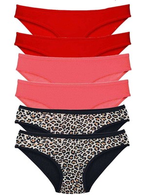 Moda Şahsenem 6 Adet Likralı Kadın Slip Külot Leopar Kırmızı Fuşya