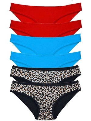Moda Şahsenem 6 Adet Likralı Kadın Slip Külot Leopar Kırmızı Mavi