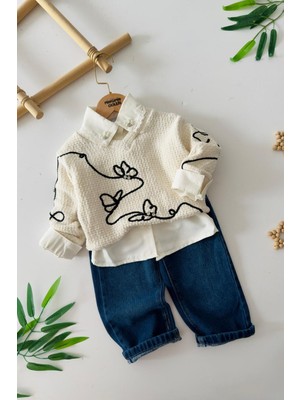 Miniğimin Cicileri Kelebek Nakışlı Taşlı  Kız Çocuk Kot Pantolonlu 3 ’lü Takım - Krem