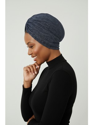 ELYSIANfidan Kırçıllı Desenli Drapeli Lacivert Çift Taraflı Hazır Türban Tesettür Bone