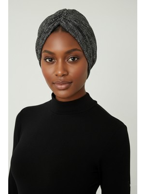 ELYSIANfidan Kırçıllı Desenli Drapeli Siyah Çift Taraflı Hazır Türban Tesettür Bone