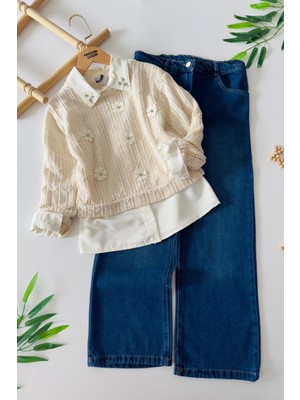 Miniğimin Cicileri (10–13 Yaş) Çiçek Aplikeli Örgü Kazaklı Gömlek ve Kot Pantolon Kız Çocuk 3 Lü Takımı - Krem