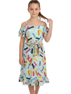 Çikoby Kız Çocuk Elbise Desenli Askılı Dokuma Elbise