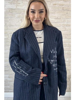 Muna Boutique Özel Tasarım Işlemeli Lacivert Kadın Ceket