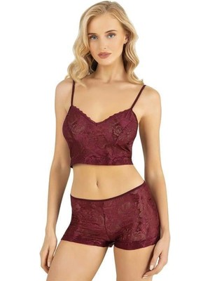 Bordo Saten Şort Takımı 9219