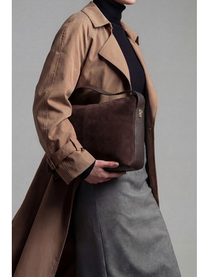 Marjin Kadın Hakiki Deri Fermuarlı Iç Cepli El ve Omuz Çantası Livena Kahve Süet