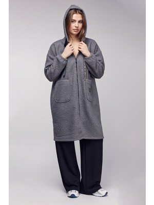 Saade Antrasit Oversize Kapüşonlu Fermuarlı Peluş Uzun Hırka 2xl