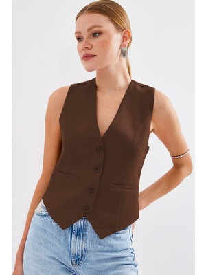 Hiccup Kadın Bdart Düğmeli V-Yaka Fleto Cepli Yelek Kahverengi