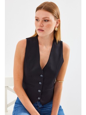 Hiccup Kadın Bdart Düğmeli V-Yaka Fleto Cepli Yelek Siyah