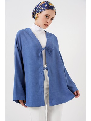 Hiccup Kadın Bdart Keten Karışımlı Uzun Kollu Önü Bağcıklı Kimono Fas Mavisi