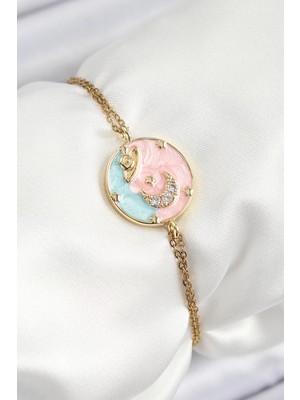 Nacario Bfs 316L Çelik Zincir Mineli Sanatsal Portre Zirkon Taşlı Gezegen Model Gold Renk Kadın Bileklik