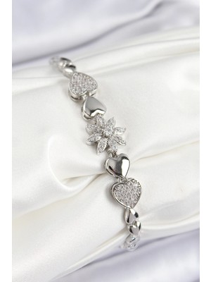 Nacario Bfs Pirinç Zirkon Taşlı Kalp Detaylı Çiçek Model Gümüş Renk Kadın Bileklik