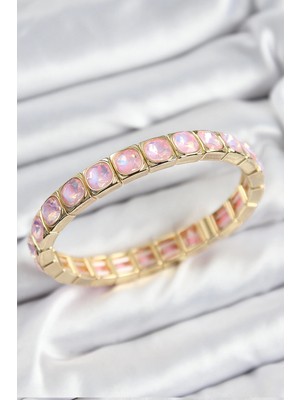 Nacario Bfs Pirinç Pembe Zirkon Taşlı Kare Model Gold Renk Lastikli Kadın Bileklik