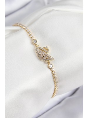 Nacario Bfs Pirinç Zirkon Taşlı Kuğu Model Gold Renk Kadın Bileklik