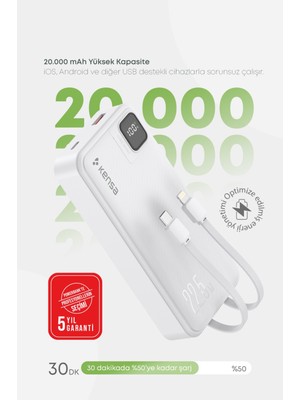 Kensa Powerbank Kendinden Kablolu 2.4A Ultra Hızlı ve Güçlü 20.000 Mah Typc-E ve Lightning Kablolu