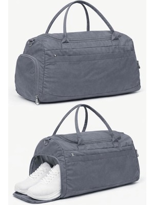 Gri Krinkıl Kumaş Ayakkabı Bölmeli 0818 Önü Cepli Su Geçirmez Omuz Askılı Spor ve Seyahat Çantası