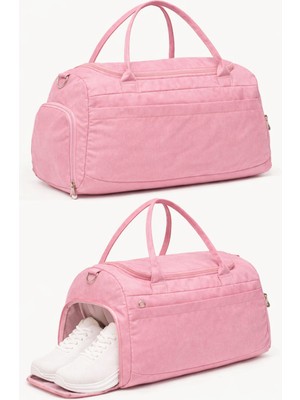 Kaff Pembe Krinkıl Kumaş Ayakkabı Bölmeli 0818 Önü Cepli  Omuz Askılı Spor ve Seyahat Çantası