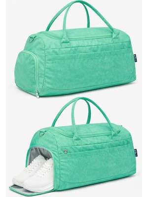 Kaff Yeşil Krinkıl Kumaş Ayakkabı Bölmeli 0818 Önü Cepli  Omuz Askılı Spor ve Seyahat Çantası