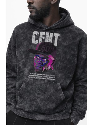 Fuddy Moda Oversize 50 Cent Baskılı Kapüşonlu Yıkamalı Sweatshirt, Unisex Rapper Temalı Vintage Hoodie