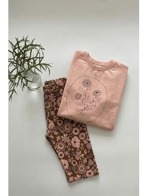 Cigit Uzun Kollu Desenli Yüksek Bel Pantolonlu Takım 2-8 Yaş Somon