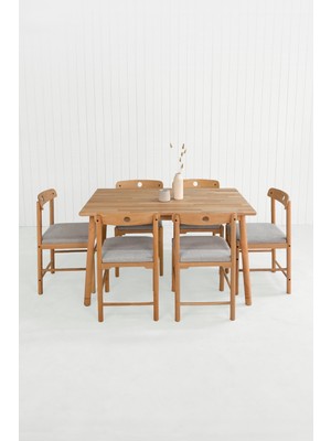 Unboxdeco Alaçatı 6 Kişilik Masif Kayın Ahşap Masa Takımı, 6 Sandalye - BEJ130X80