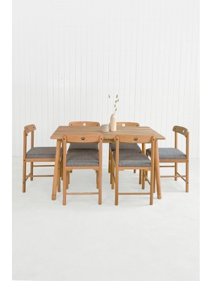 Unboxdeco Alaçatı 6 Kişilik Masif Kayın Ahşap Masa Takımı, 6 Sandalye - Gri 130X80