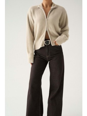 İbeeka Çift Yön Fermuar Açma Detaylı Tüylü Hırka Taş Renk