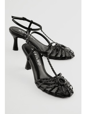 Mubiano Kadın Topuklu Ayakkabı El Örgü Sandalet Camia Siyah