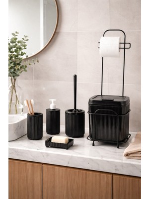 Decorev Standlı Siyah Banyo Aksesuar Seti Tuvalet Fırçası, Banyo Kovası, Sabunluk ve Diş Fırçalık Seti
