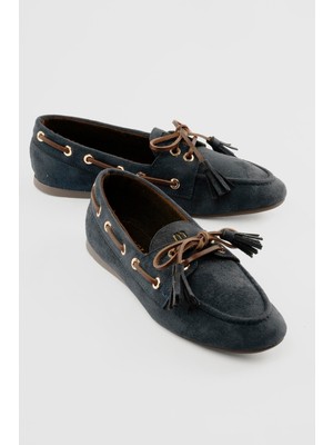 Mubiano Kadın Süet Loafer Bağcıklı Püskül Detaylı Lumia Lacivert