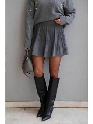 Purple By Banu Gri Piliseli Mini Şort Etek