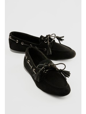 Mubiano Kadın Süet Loafer Bağcıklı Püskül Detaylı Lumia Siyah
