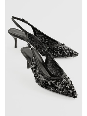 Mubiano Kadın Stiletto Pullu Abiye Topuklu Ayakkabı Luxa Siyah