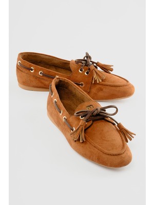 Mubiano Kadın Süet Loafer Bağcıklı Püskül Detaylı Lumia Taba