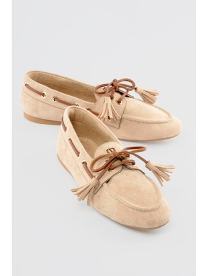 Mubiano Kadın Süet Loafer Bağcıklı Püskül Detaylı Lumia Bej
