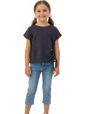 Escabel Kız Çocuk Bluz Düz Renk Baskısız Kendinden Desenli Siyah