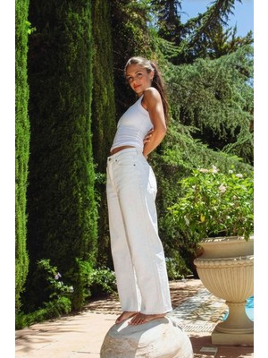 Markapia Kadın Yüksek Bel Straight Fit Ekru Jean Pantolon