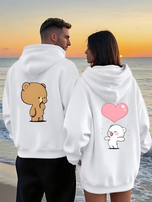 Nevermind Sevgili Kombin Hoodie – Ayıcık Baskılı Kalpli Çift Sweatshirt Unisex Kapüşonlu Oversize