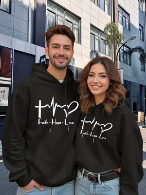 Nevermind Faith Hope Love Baskılı Hoodie – Unisex Kapüşonlu Sweatshirt Çift Kombini 2'li Set Takım