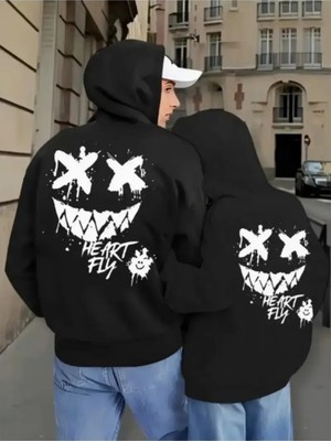 Nevermind Heart Fly Arka Baskı Oversize Hoodie – Çift Kombini 3 Iplik Kalın Kumaş Sweatshirt 2'li Set