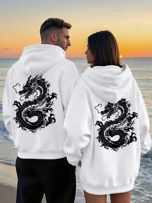 Nevermind Sevgili Çift Kombini Dragon Desenli Hoodie Kapüşonlu Sweatshirt 2li Set Takım 3 Iplik Pamuk