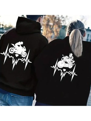 Nevermind Sevgili Kombini Oversize Hoodie – Motosiklet Kalp Ritmi Baskılı 3 Iplik Unisex Sweatshirt 2'li
